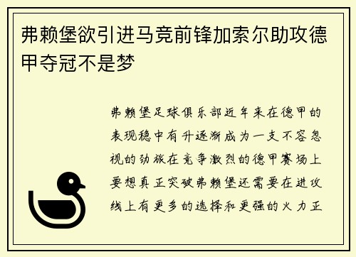 弗赖堡欲引进马竞前锋加索尔助攻德甲夺冠不是梦